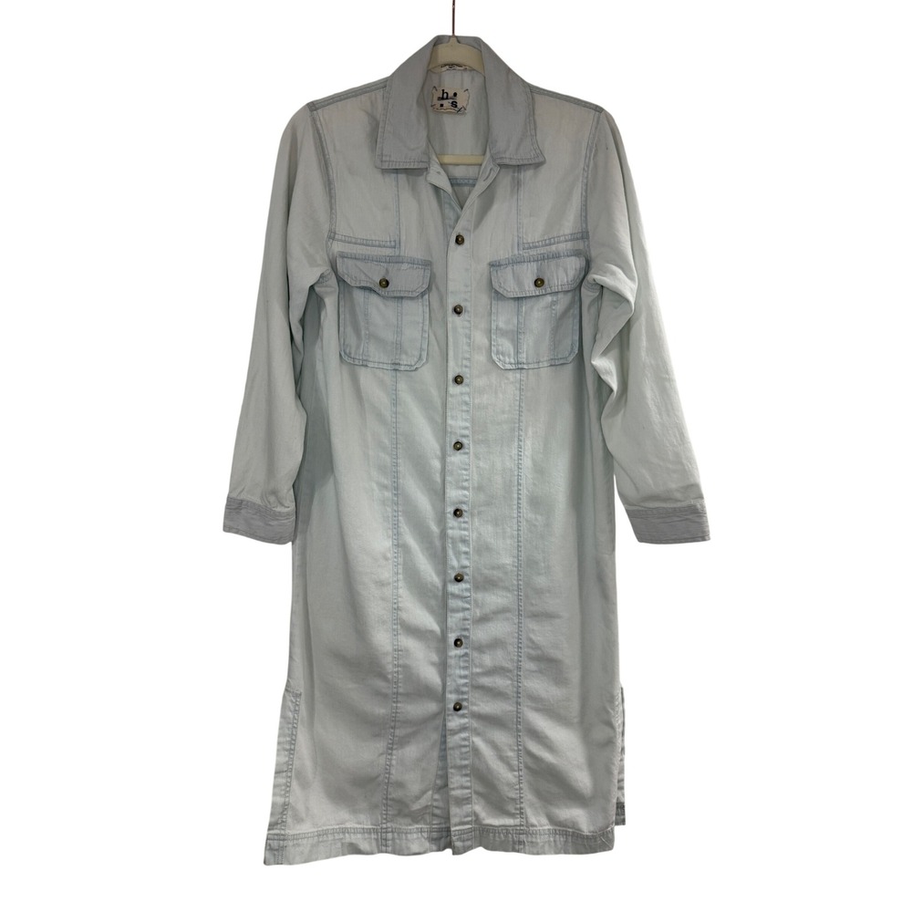 h.s Denim Midi Dress Womens Small Light Wash Blue Good Button Down Cotton Duster